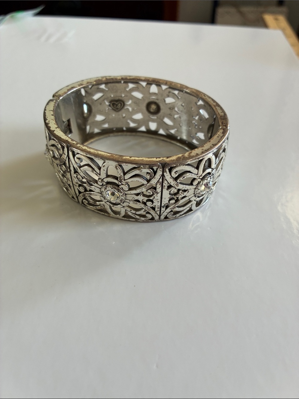Brighton Marked Silver Tone Floral Filigree Hinged Bracelet with Crystal Centers